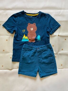 4t Teal Navy Bear Graphic Cotton Tee & Shorts Set Woodland Forest Mountain